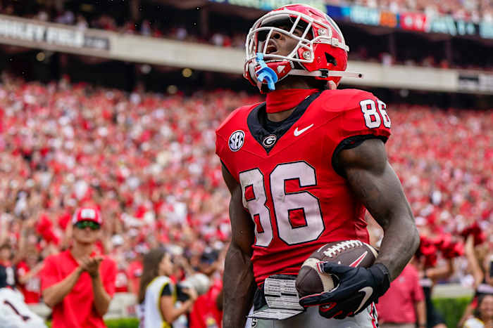 Sep 9, 2023; Athens, Georgia, USA; Georgia Bulldogs wide receiver Dillon Bell (86) reacts after scoring a touchdown against the Ball State Cardinals during the first half at Sanford Stadium. Mandatory Credit: Dale Zanine-USA TODAY Sports